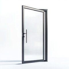 A modern glass door with sleek metal framing and clear panes on a white background