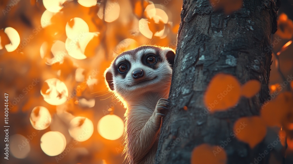 Poster a curious meerkat peeks from behind a tree, surrounded by autumn foliage and soft bokeh lights.