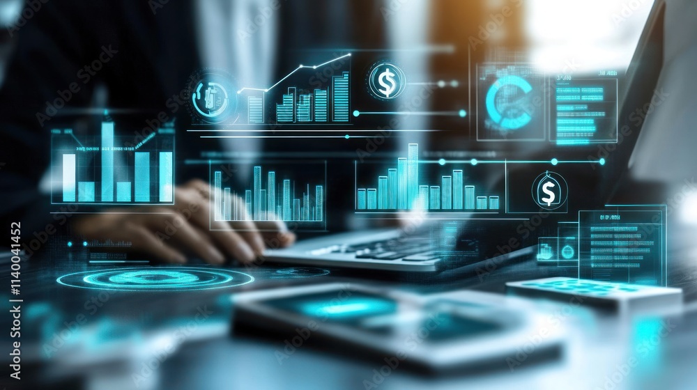Poster A business professional analyzes financial data using digital tools and graphs.