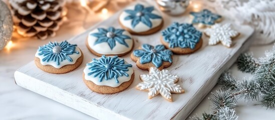 Fototapeta premium Homemade blue decorated gingerbread cookies arranged on a white wooden board with festive winter decorations and pine cones