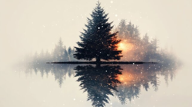 Festive Christmas tree in artistic double exposure with snowy landscape and serene lake reflection creating a magical winter scene