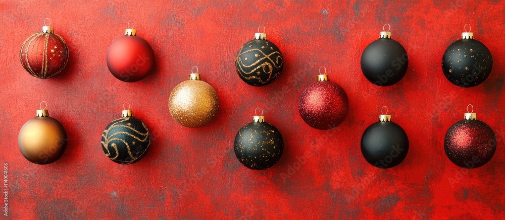Poster christmas ornaments arranged on a textured red background creating a festive holiday atmosphere in a