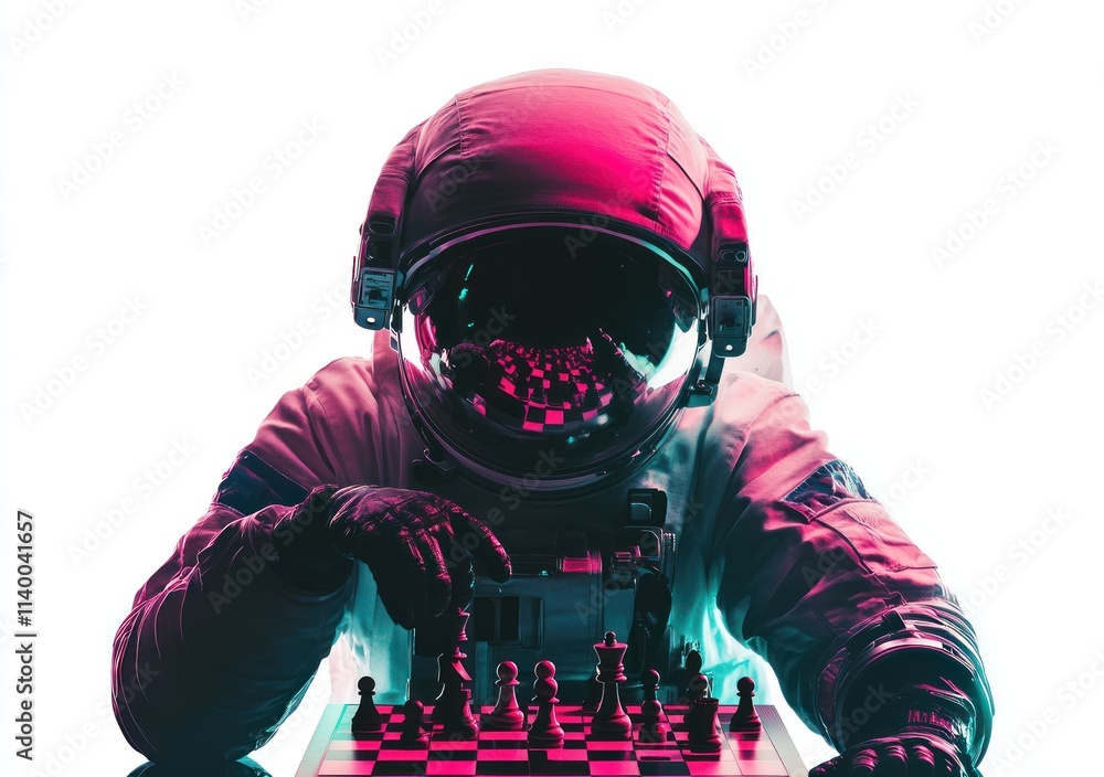Poster an astronaut playing chess, reflecting a blend of space exploration and strategic thinking.