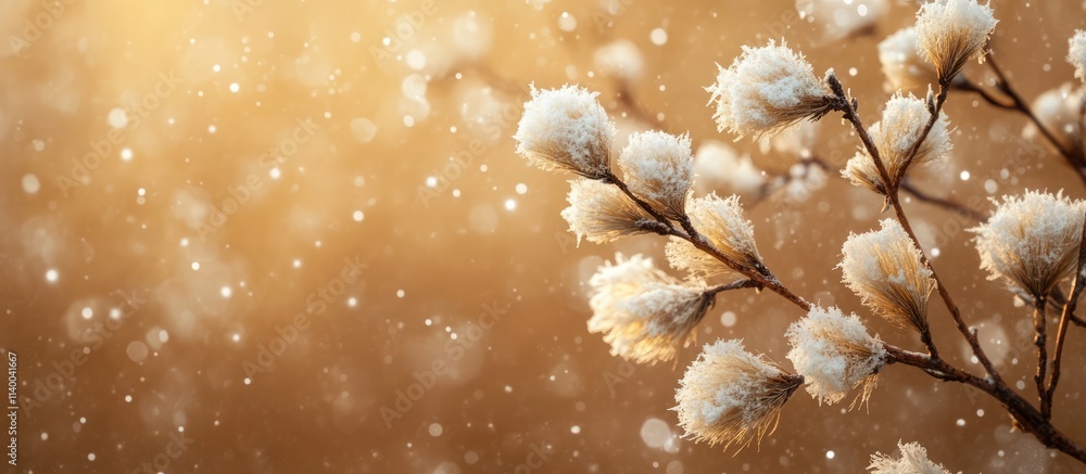 Poster fluffy cedar blossoms illuminated by soft light with a snowy brown background creating a serene seas