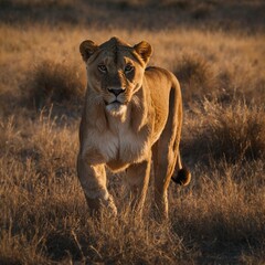 A magnificent lioness hunting in the early morning light.

