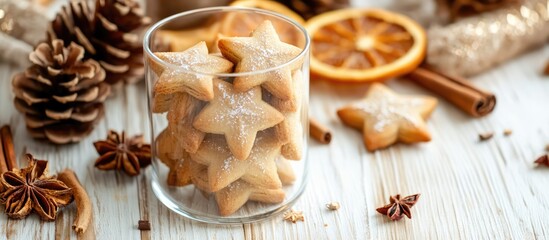 Fototapeta premium Festive star shaped Christmas cookies in a glass with dried orange slices and decorations on a rustic wooden table setting
