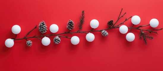 Fototapeta premium Winter holiday flat lay composition with fir cones and white ornaments on vibrant red background creating a festive atmosphere with copy space