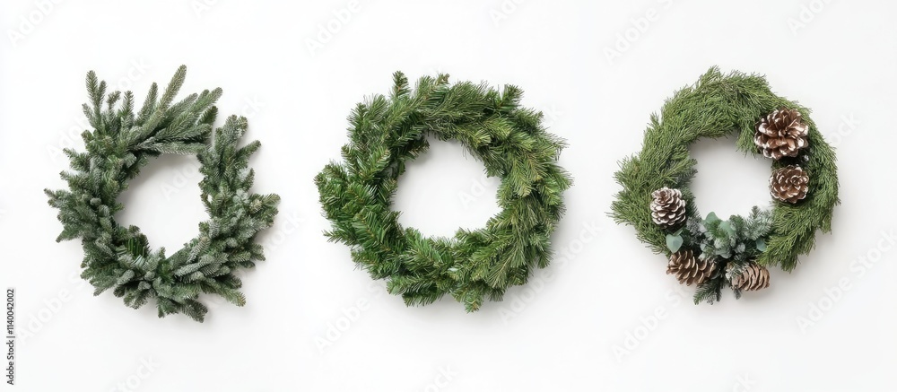 Poster christmas wreaths arranged in a row on a white background flat lay view seasonal decor with space fo