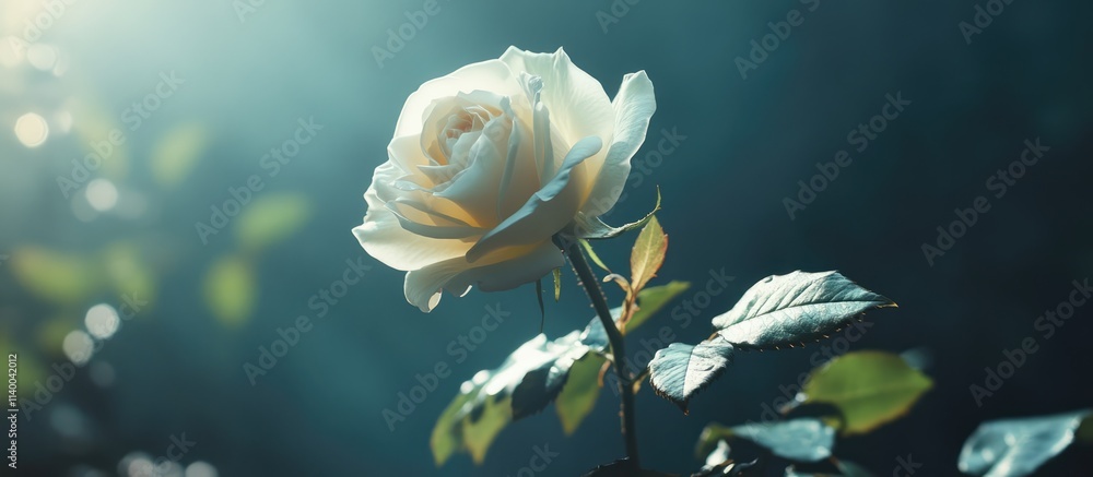Aufkleber serene close-up of a white rose elegantly illuminated with soft bokeh and lush green leaves in the b