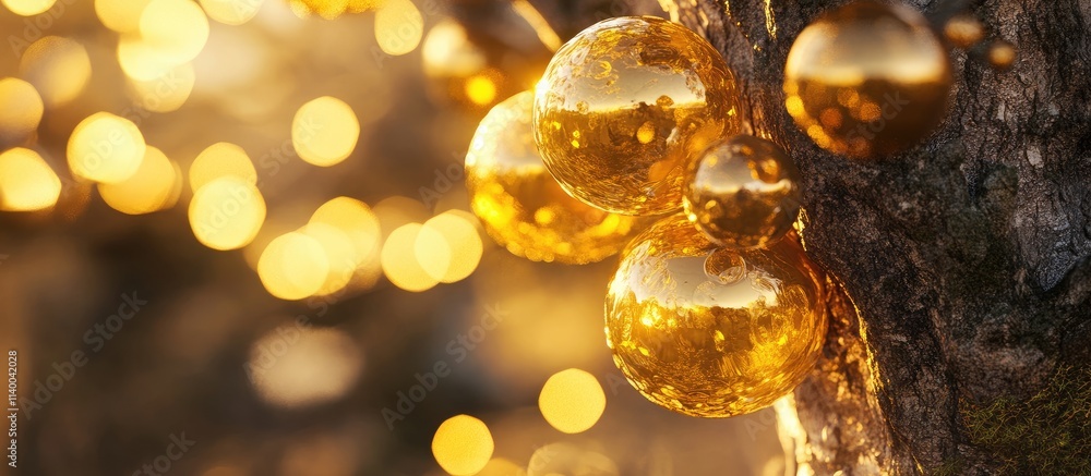 Aufkleber golden decorative orbs hanging from a tree with shimmering bokeh lights creating a festive and encha