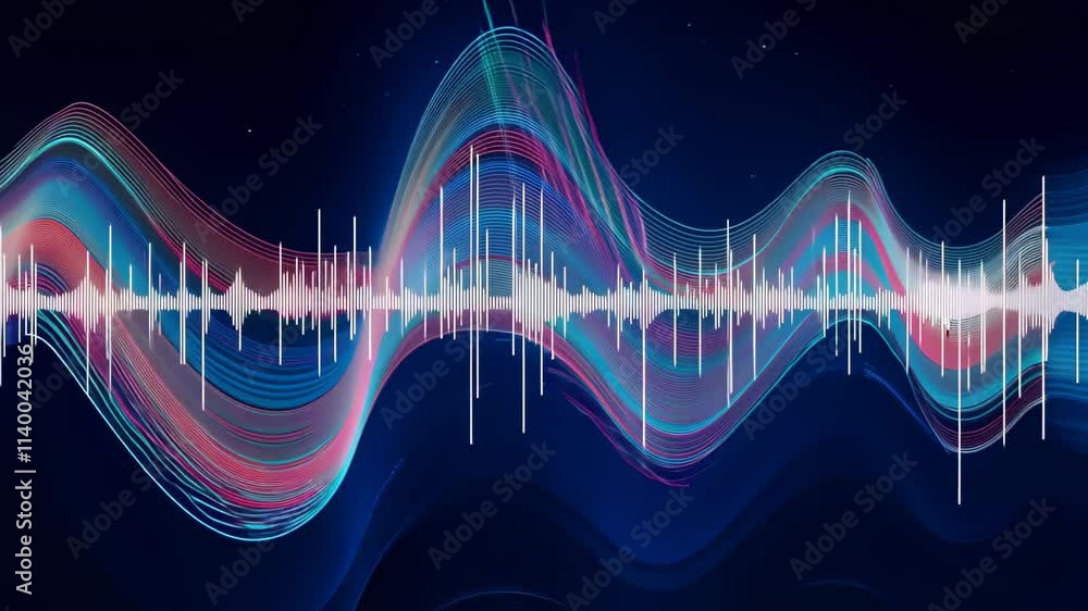 Poster exploring sound waves and their visual representation in an artistic display of color and movement