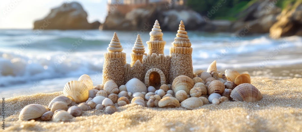 Aufkleber seashell castle built on sandy beach with ocean waves in the background creating a serene coastal at