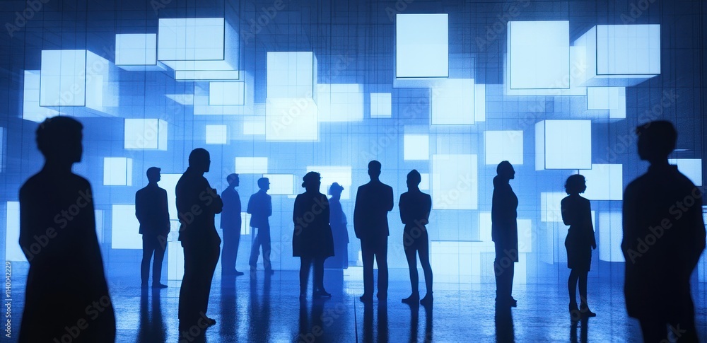 Poster silhouetted figures stand in a futuristic space illuminated by glowing cubes.