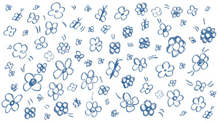 Background with blue flowers painted with brush, flowers in the form of stamps, grunge elements, floral pattern on white background, flowers of different sizes and designs made in blue chalk