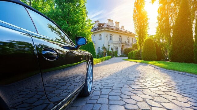 Elegant Car Parked at Luxurious Mansion Driveway