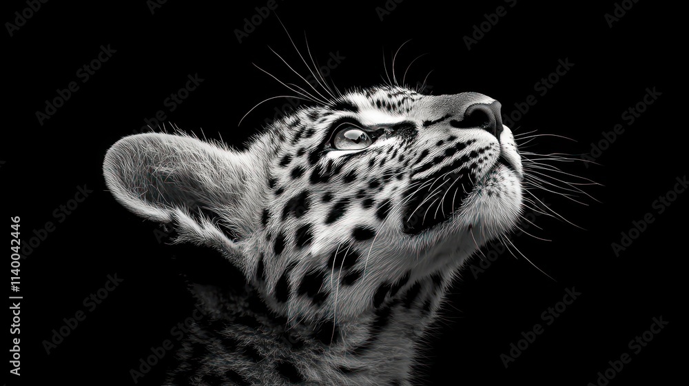 Poster a close-up of a leopard cub gazing upward against a black background, showcasing its features.