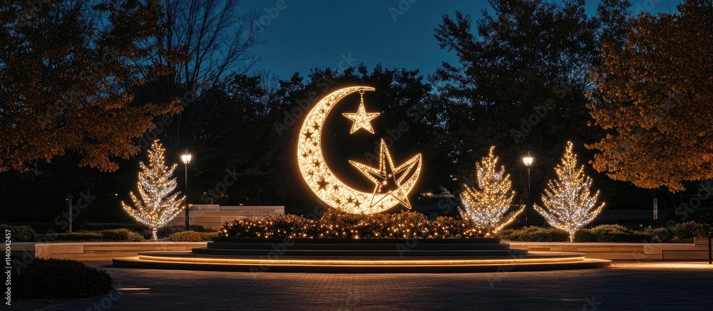 Poster illuminated christmas tree scene with star and moon design in a festive nighttime setting surrounded