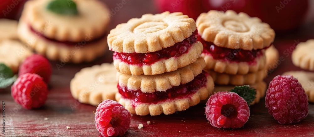 Poster stack of butter cookies filled with raspberry jam on a rustic red wooden surface with fresh raspberr