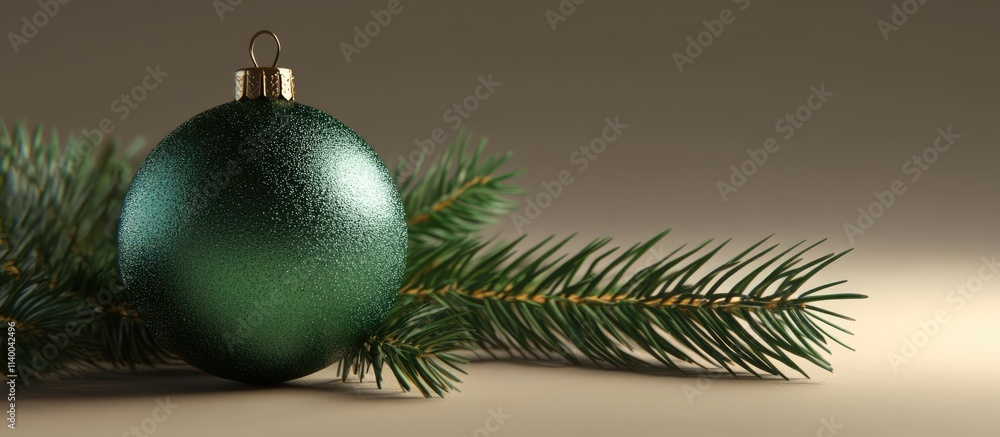 Aufkleber green christmas ornament resting on fir branches with a soft neutral background creating a festive a