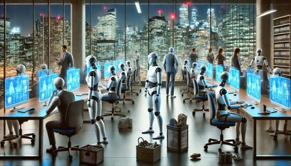 A dramatic conceptual illustration of AI robots replacing humans in the workplace.