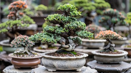 A collection of intricately shaped bonsai trees displayed in decorative pots.