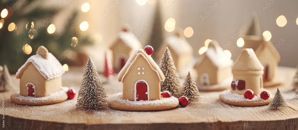 Aufkleber gingerbread houses decorated with red accents and greenery on a wooden surface creating a festive at