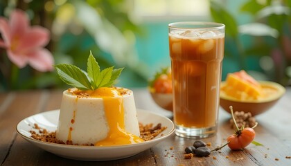Creamy panna cotta topped with mango sauce and garnished with fresh mint, served with a glass of iced coffee