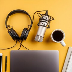 A flat lay photo of a podcasting setup featuring headphones, a microphone, a coffee cup, and the back of a closed laptop, all arranged on a vibrant yellow background