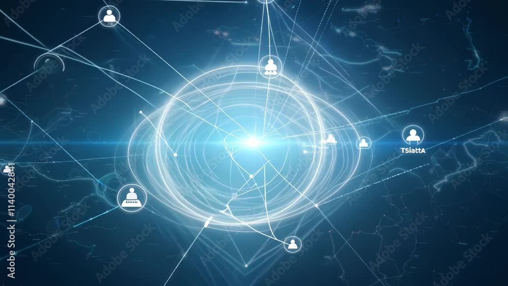 Poster exploring the dynamics of particles interacting in a digital space with glowing connections
