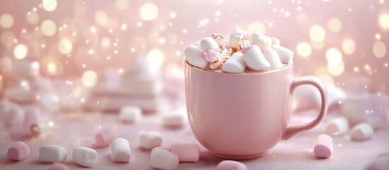 Cozy cocoa beverage topped with marshmallows in pink cup surrounded by festive decorations and soft lighting ambiance