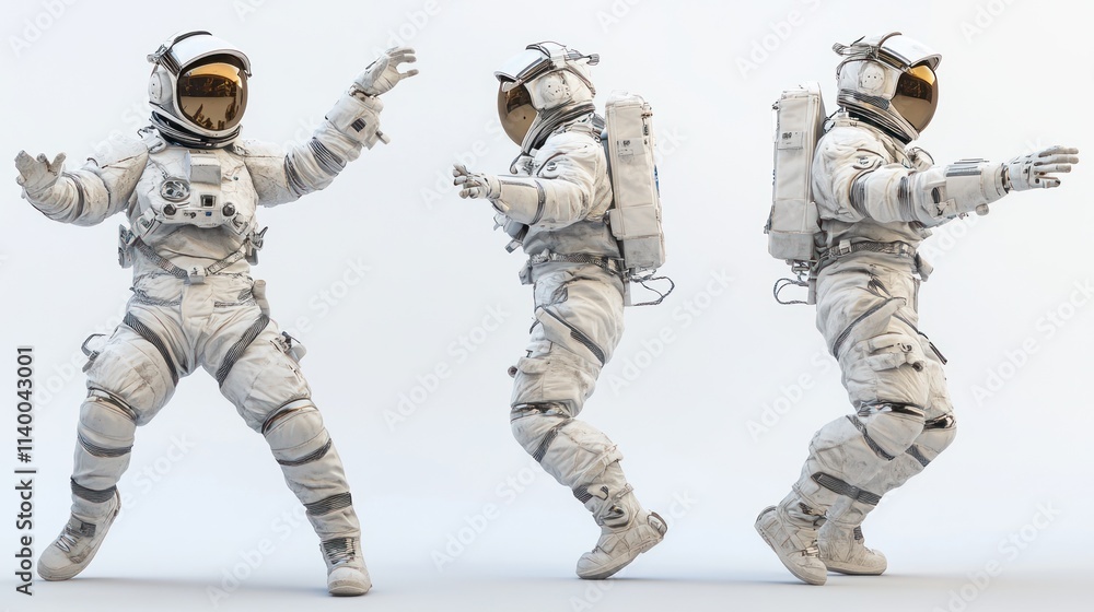 Fototapete three views of an astronaut in a spacesuit, showcasing movement and design.