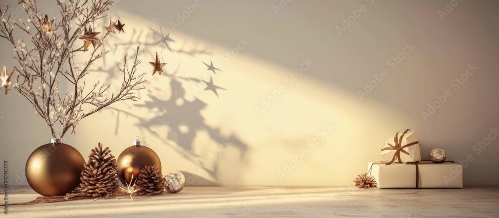 Poster elegant christmas decorations with empty backdrop highlighting festive elements and soft shadows for