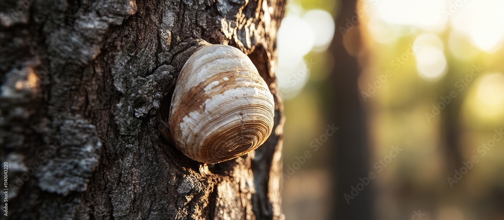 Poster close up of a unique shell on a tree bark with soft blurred background showcasing nature's detail an