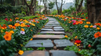 Colorful Floral Pathway Surrounded by Lush Green Trees and Foliage