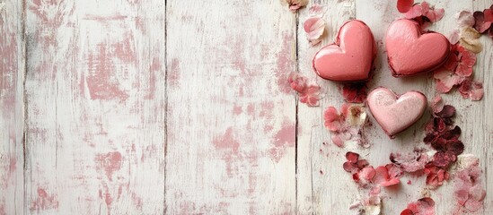 Rustic shabby chic Valentine's Day background with pastel hearts and flower petals creating a romantic and festive atmosphere