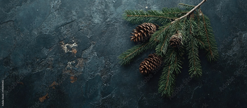Poster christmas background with pine tree branch and cones on dark textured surface - festive ambiance wit