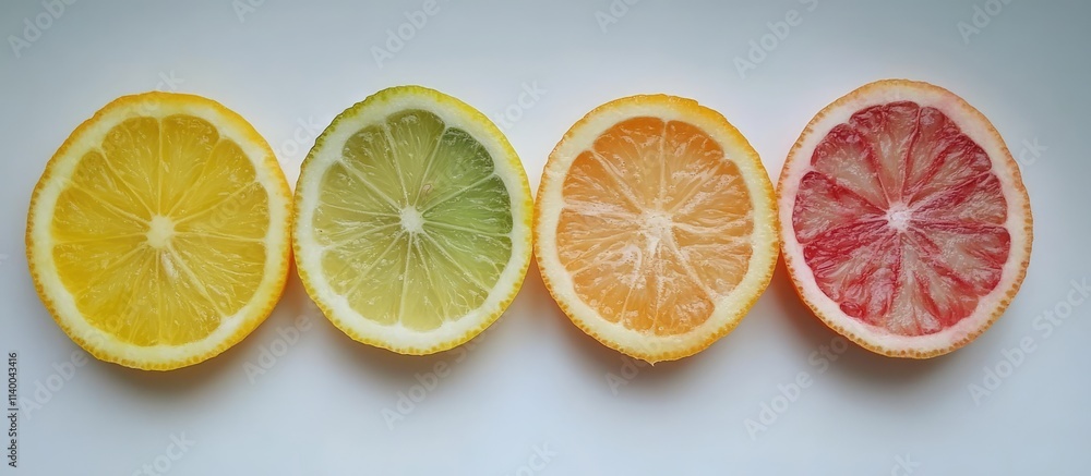 Poster citrus fruit slices arranged in a circular pattern evoking a sun motif on a clean white background