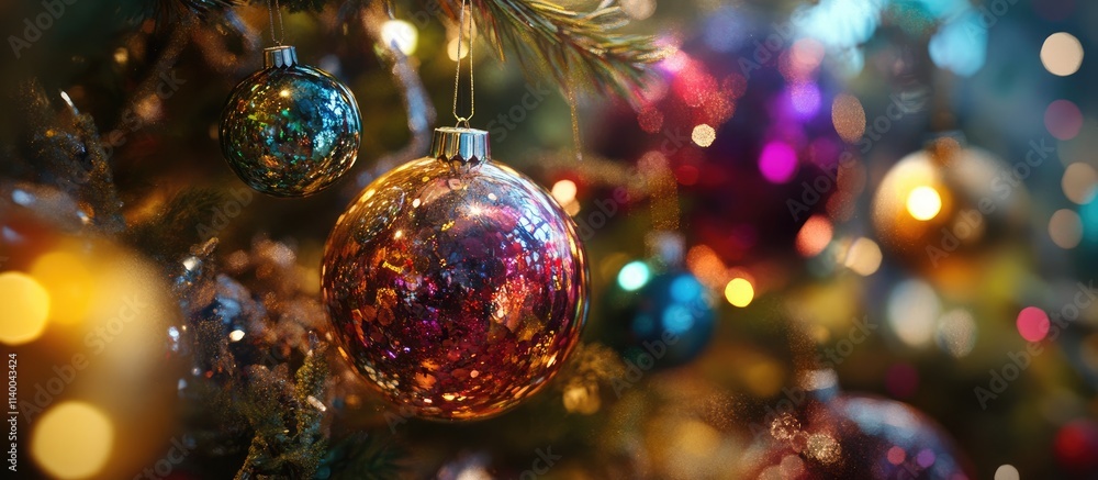 Poster close up of festive christmas tree ornaments with a beautiful light bokeh background creating a warm