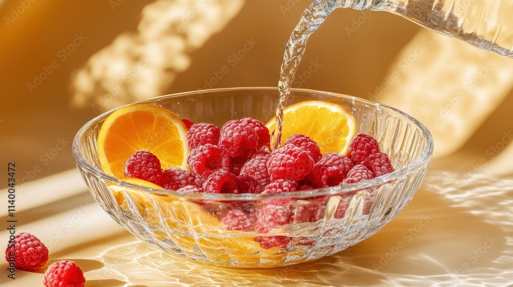 Poster a bowl of raspberries and orange slices with water being poured, creating a refreshing scene.