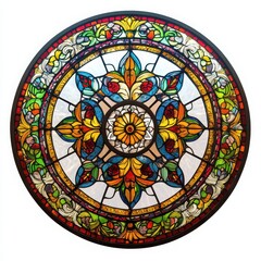 A vintage stained glass window with intricate patterns and colorful details on a white background