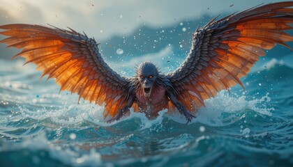 Ferocious winged creature emerges from ocean waves, displaying sharp teeth and intense gaze.