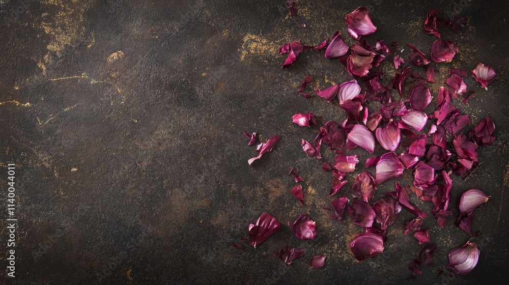 Aufkleber scattered red onion petals on a dark rustic wooden table surface creating a textured background for 