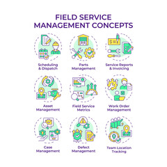 Field service management multi color concept icons. Optimization in FSM operations. Managing workforce, equipment, assets. Icon pack. Vector images. Round shape illustrations. Abstract idea