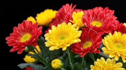 Colorful chrysanthemum flowers in red and yellow against a dark background showcasing natural beauty and floral charm.