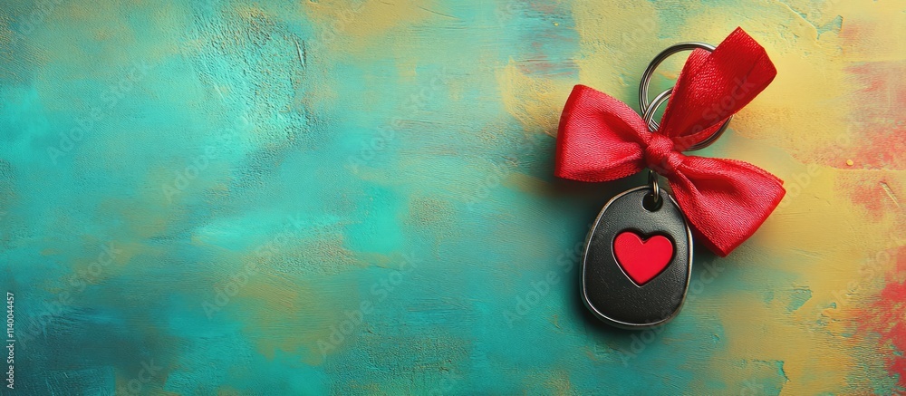 Poster car key decorated with red bow and heart on colorful background overhead view with ample space for t