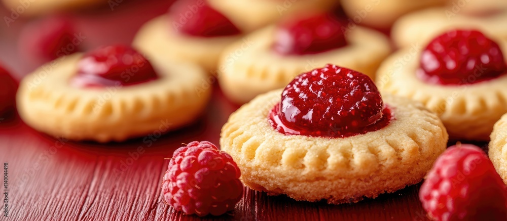 Poster delicious butter cookies filled with raspberry topped on a red wooden surface showcasing a tempting 