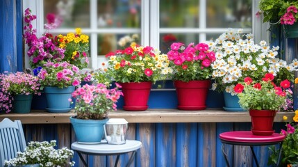 Fototapeta premium Colorful Flower Pots Displayed on a Wooden Window Sill