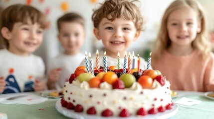 Happy child celebrating birthday with a colorful cake and candles surrounded by friends at a festive gathering.