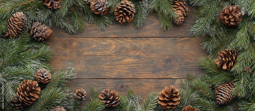 Poster rustic christmas backdrop with fir tree branches and pine cones arranged on a wooden surface creatin