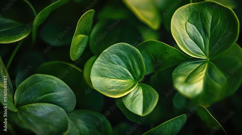 Poster close-up of lush green clover leaves showcasing intricate textures and natural patterns in a serene 